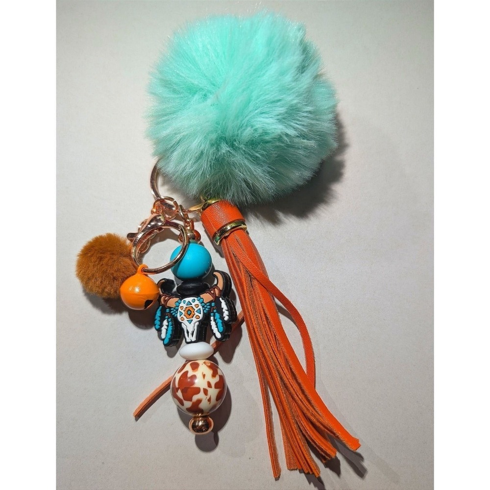 Western Style Bag Charm Keychain Mint Orange Boho Steer Skull Pom Pom